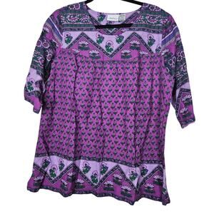 Vermont Country Store L Cotton Purple India Print Floral Boho Casual 3/4 Sleeve